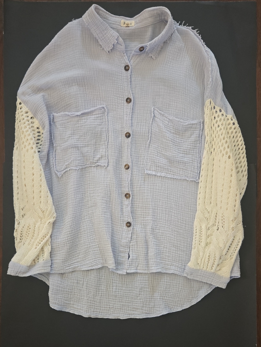 POL Boho Baby Blue Gauze Button-Front With Cream Knit Sleeves - Picture 2 of 7